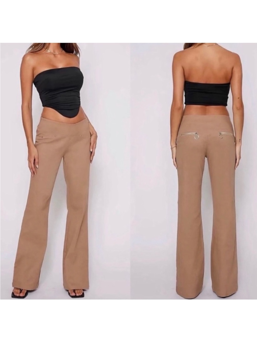 Tiger Mist Tan Khaki Elaine Low Rise Flare Pants Metal Stud Detail Size M NWT!